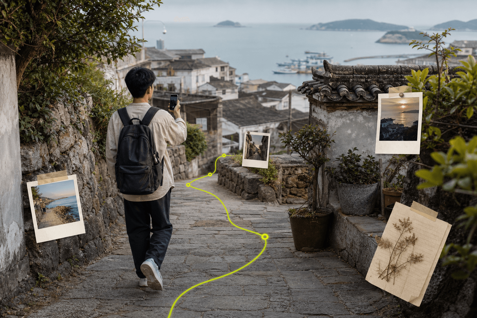 旅行者在路上用手机留下照片、地点与路线