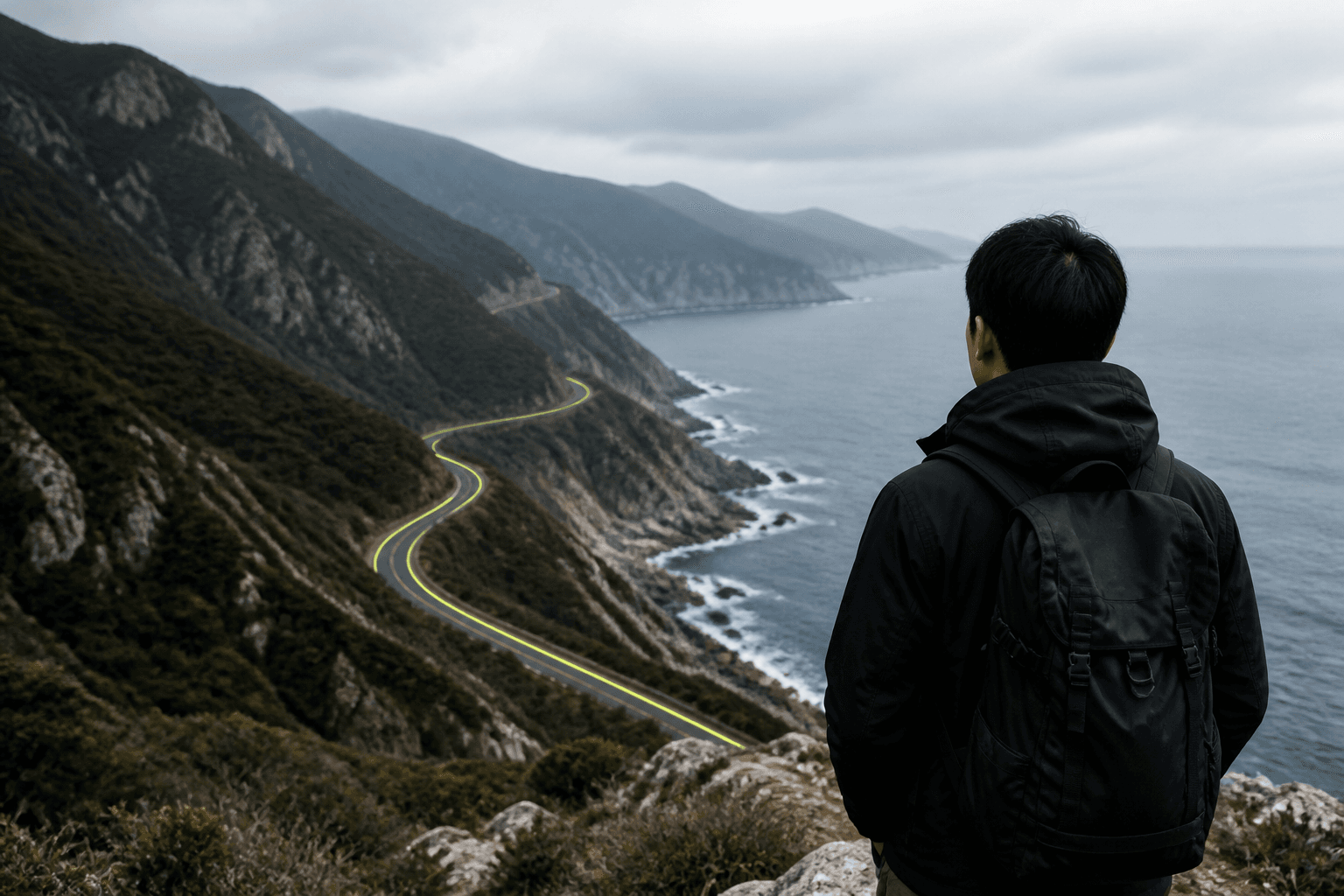 旅行者望向沿海公路，路线向远方延伸